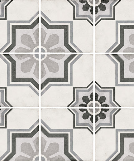 Patterned tiles with geometric design on a white background