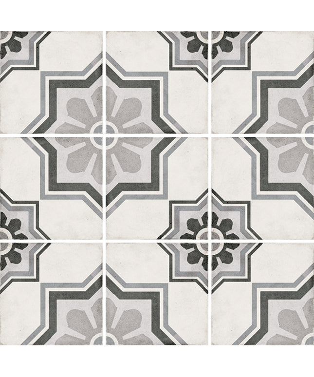 Patterned tiles with geometric design on a white background