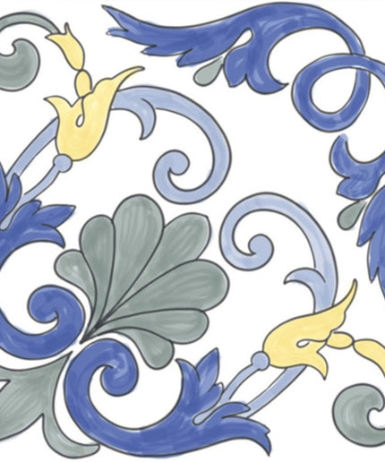 Decorative blue and yellow floral pattern ceramic tile with scroll accents, 6x6 size