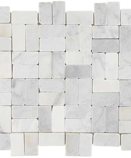 Carrara antique natural stone tile in basketweave mosaic pattern, white and gray tones