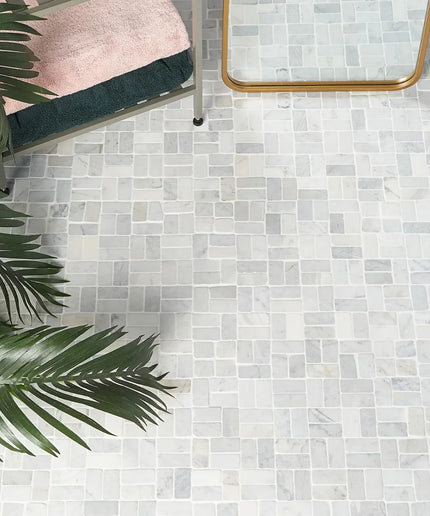 Carrara marble mosaic tile floor with square and rectangular stone tiles, tropical plant, modern decor