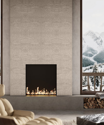 Modern living room with a fireplace and mountain view