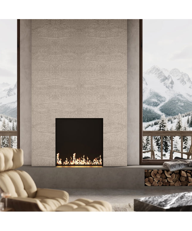 Modern living room with a fireplace and mountain view