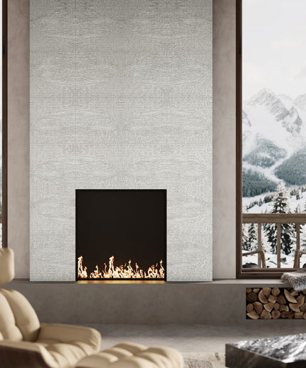 Modern living room with a fireplace and mountain view