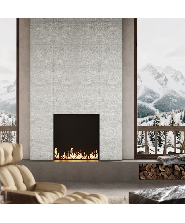 Modern living room with a fireplace and mountain view