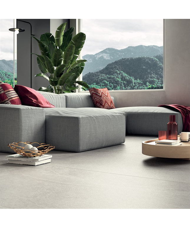 Modern living room with a gray sectional sofa, red cushions, and a view of mountains.