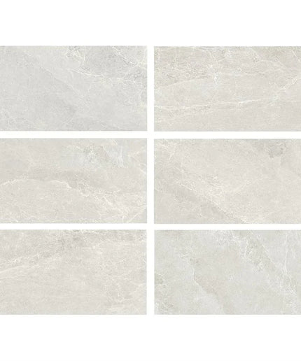 Six square tiles with a light gray marble texture on a white background