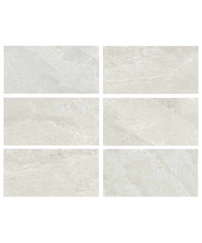 Six square tiles with a light gray marble texture on a white background