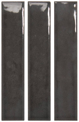 Glossy charcoal subway tiles with a sleek rectangular design, ideal for kitchen backsplash or bathroom walls.