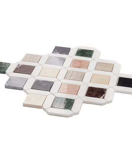 Hexagonal mosaic tile pattern on a white background
