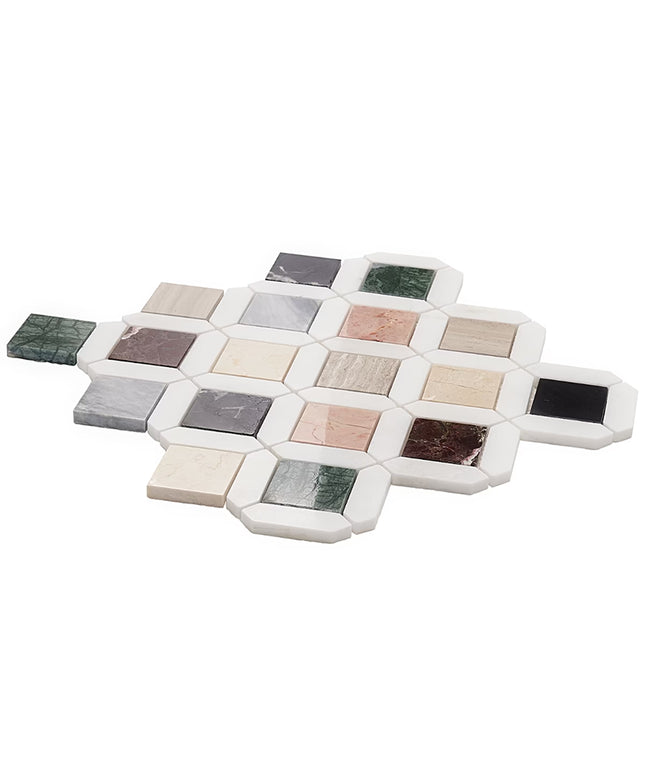 Hexagonal mosaic tile pattern on a white background