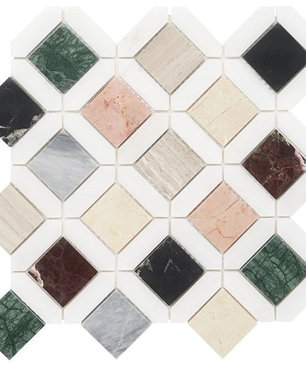 Hexagonal mosaic tile pattern with various colors on a white background