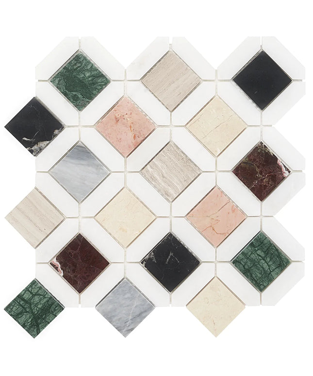 Hexagonal mosaic tile pattern with various colors on a white background