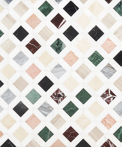 Pattern of square tiles in various colors on a white background