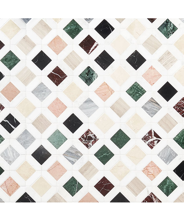 Pattern of square tiles in various colors on a white background