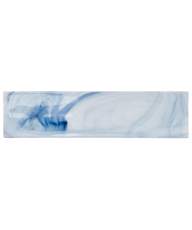 Rectangular tile with blue and white marbled pattern on a white background