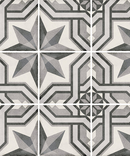 Geometric patterned tiles in shades of gray, black, and off-white, arranged in a grid with white grout lines.