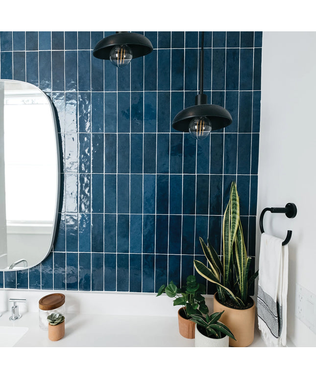 Bathroom with blue tiled wall, plants, and modern fixtures
