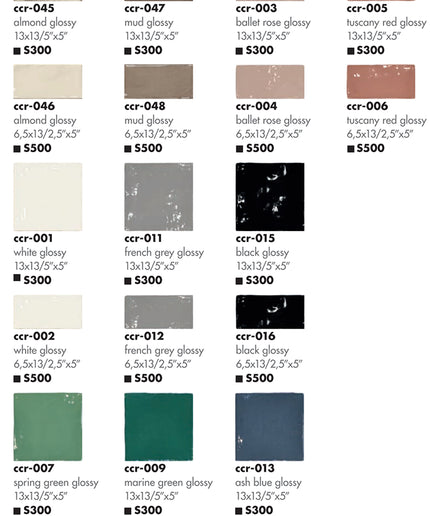Glossy ceramic tile color samples in almond, mud, rose, red, white, grey, black, green, and blue.