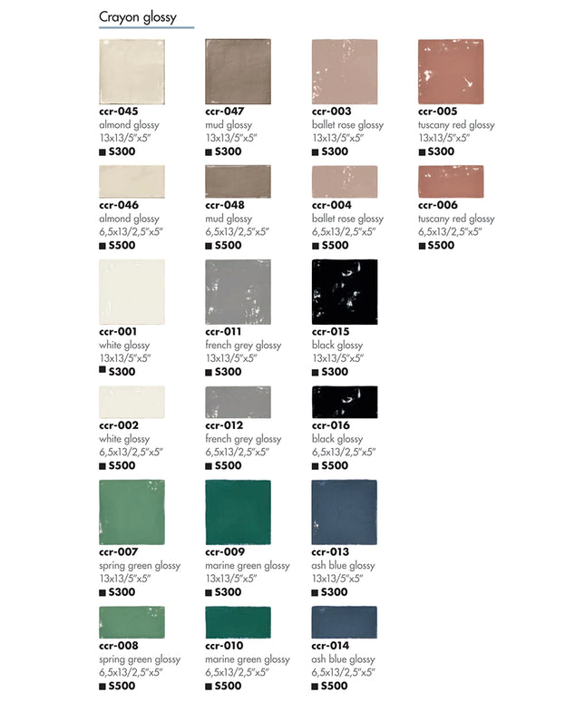 Glossy ceramic tile color samples in almond, mud, rose, red, white, grey, black, green, and blue.