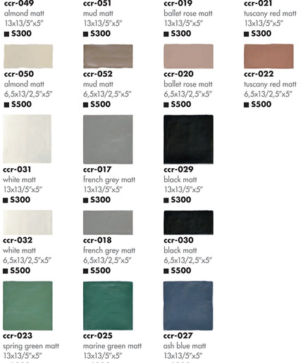 Crayon matte tile samples in various colors and sizes for floors, walls, kitchen, and bathroom.