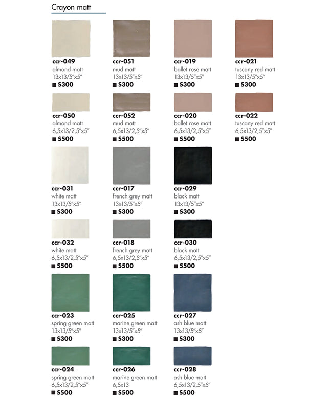 Crayon matte tile samples in various colors and sizes for floors, walls, kitchen, and bathroom.