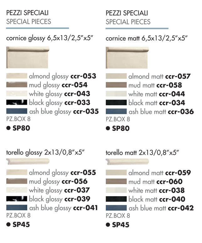 Tile trims and finishes in glossy and matte, various colors like almond, mud, white, black, blue