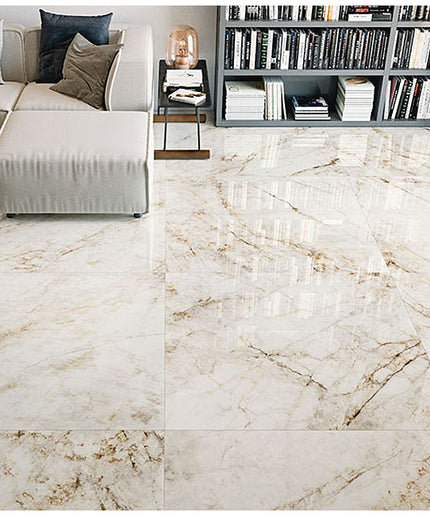 modern living room with glossy marble-look porcelain floor tile, neutral sofa, bookshelf