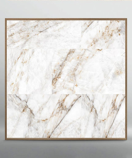 Rectangular quartz-look tiles with white and gray marble veining for floors or walls