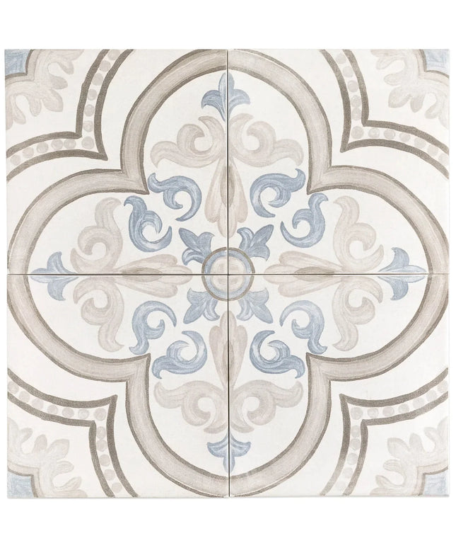 Decorative tile with intricate patterns in beige, blue, and gray on a white background