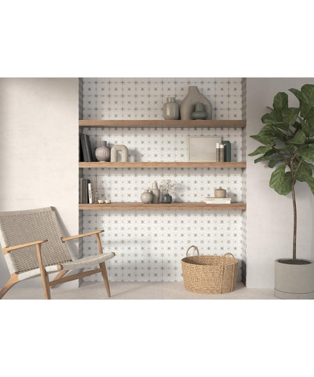 Modern interior with wooden shelves, decorative items, and a plant.