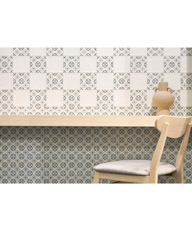 Patterned wallpaper with a wooden table and chair in the foreground