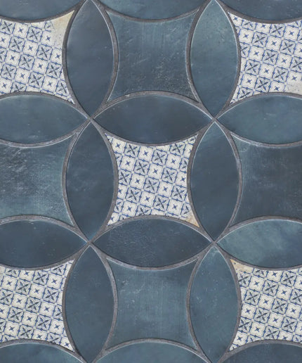 Patterned blue tiles with geometric designs