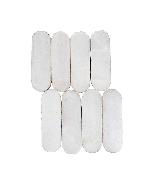 oval white ceramic wall tiles in a 2x6 layout, ideal for kitchen backsplash or bathroom
