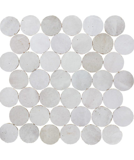 Desert pearl round circle mosaic tile sheet in light neutral tones for backsplash or shower