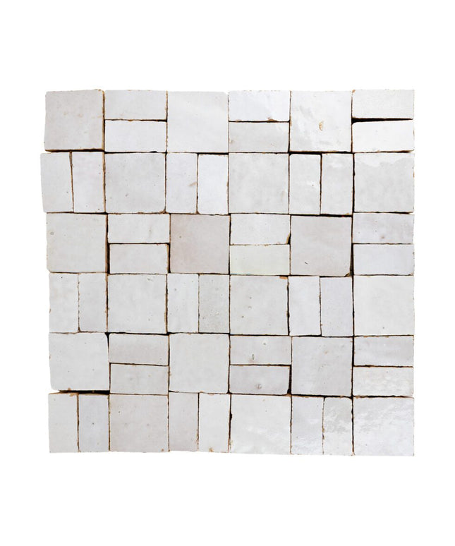 Desert pearl crosshatch zellige tiles with a textured, handmade white finish