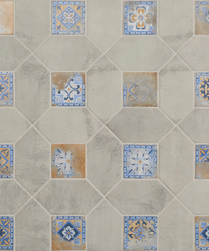 Hexagonal tiles with decorative patterns on a gray background