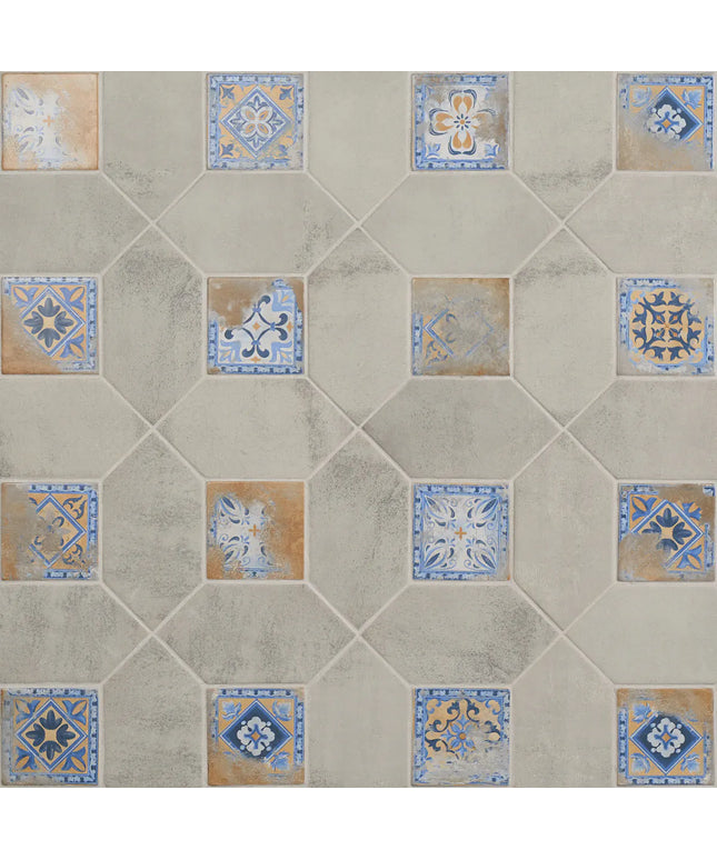 Hexagonal tiles with decorative patterns on a gray background