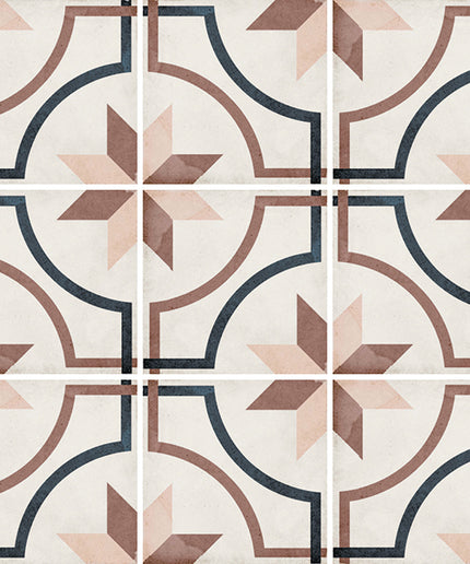 Patterned tiles with geometric design on a white background