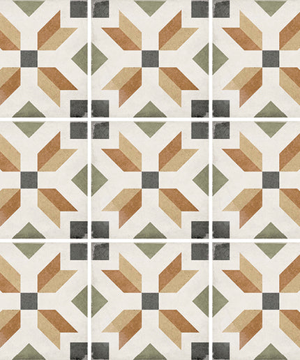 Patterned tiles with geometric design in earthy tones on a white background