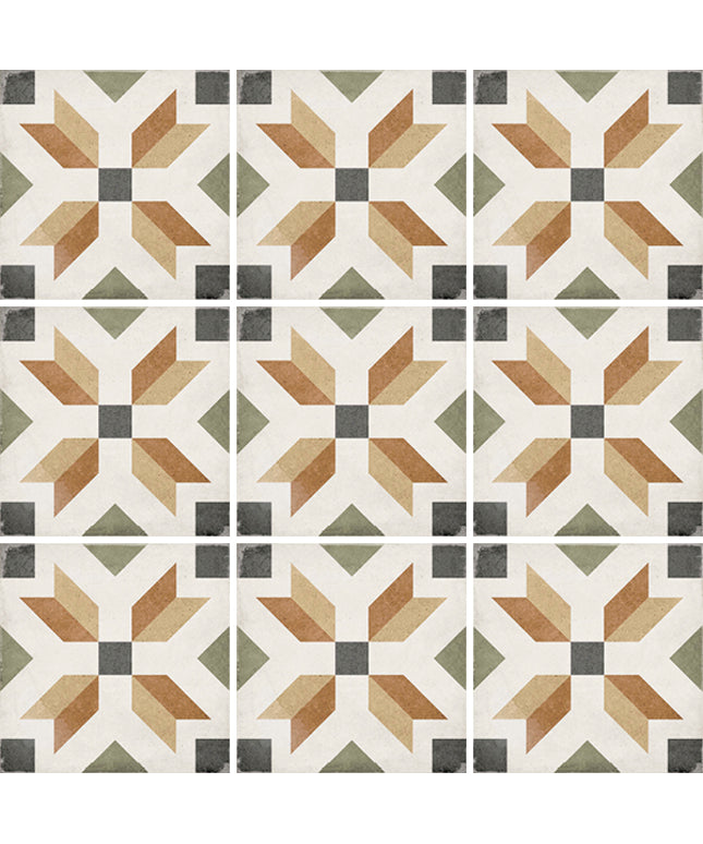 Patterned tiles with geometric design in earthy tones on a white background