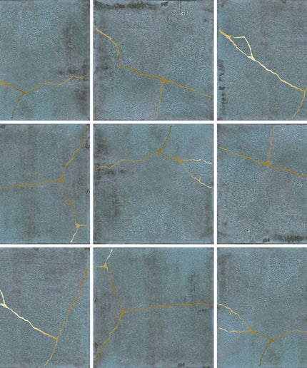 Nine square tiles with a blue and gray textured pattern and gold cracks.