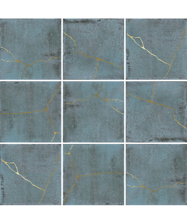 Nine square tiles with a blue and gray textured pattern and gold cracks.