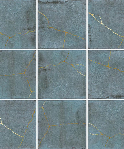 Nine tiles with a textured blue surface and gold cracks.