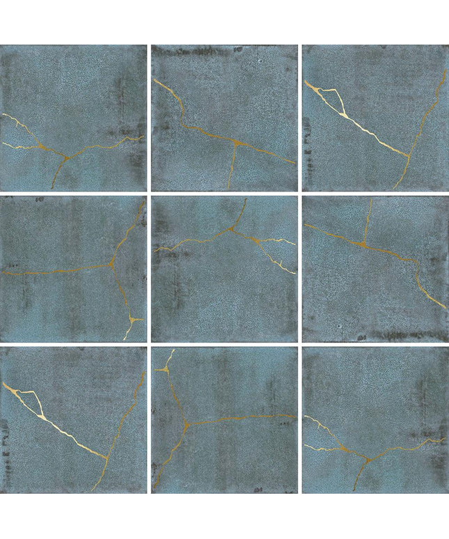 Nine tiles with a textured blue surface and gold cracks.