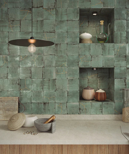 Modern kitchen with green tiled wall and wooden cabinets