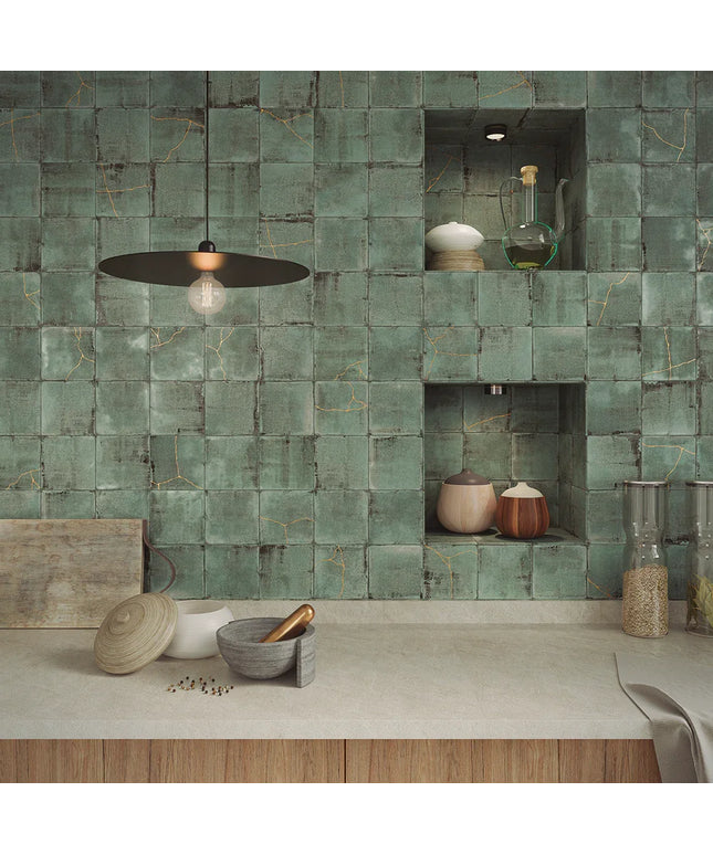 Modern kitchen with green tiled wall and wooden cabinets