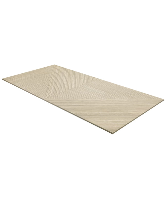 Beige rectangular rug with a subtle pattern on a white background