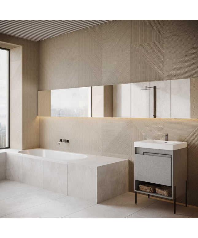 Modern bathroom with a bathtub, sink, and large mirror.