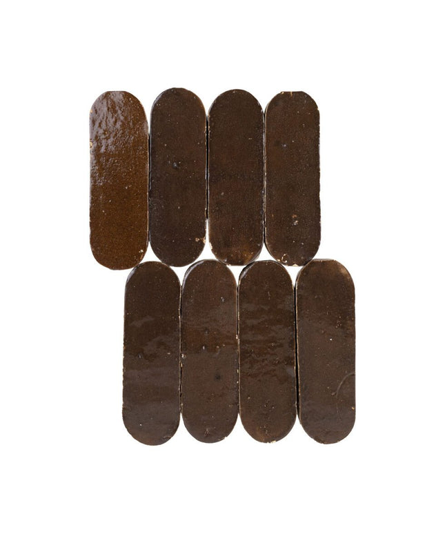 Espresso brown oval ceramic mosaic tiles, glossy finish, modern kitchen backsplash or bathroom decor.
